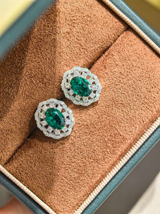 Halo Stud Green Lab Created Gemstone Garland Halo Moissanite Earrings Oval Cut 5*7 ECB7004 Main Image