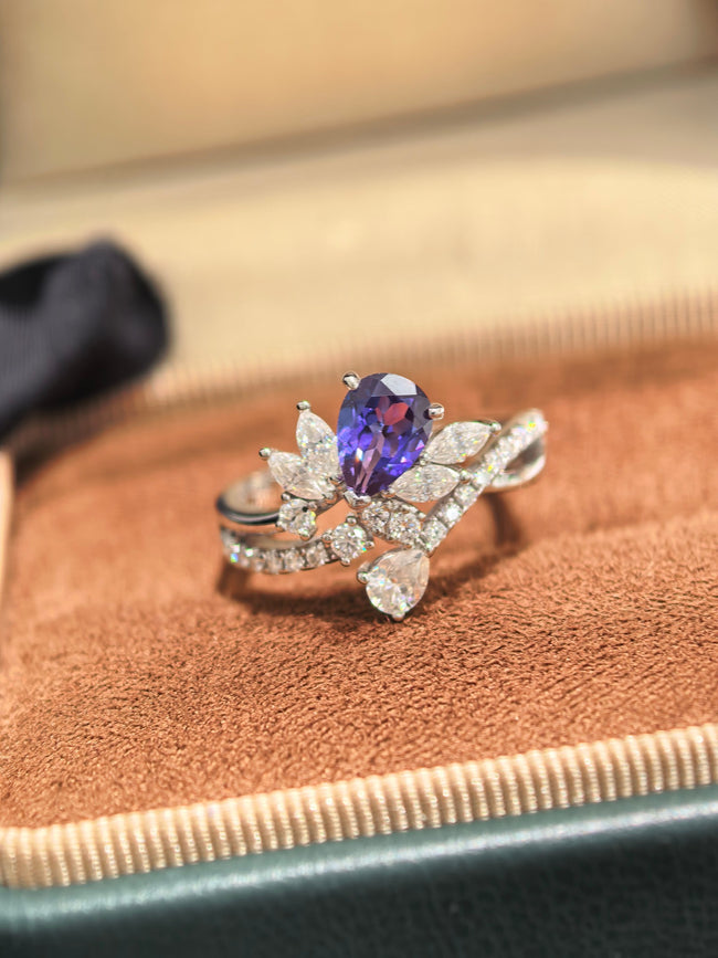 Three-stone Floral Purple Lab Created Gemstone Droplet Teardrop Moissanite Ring Pear Cut 5*7 Main Image