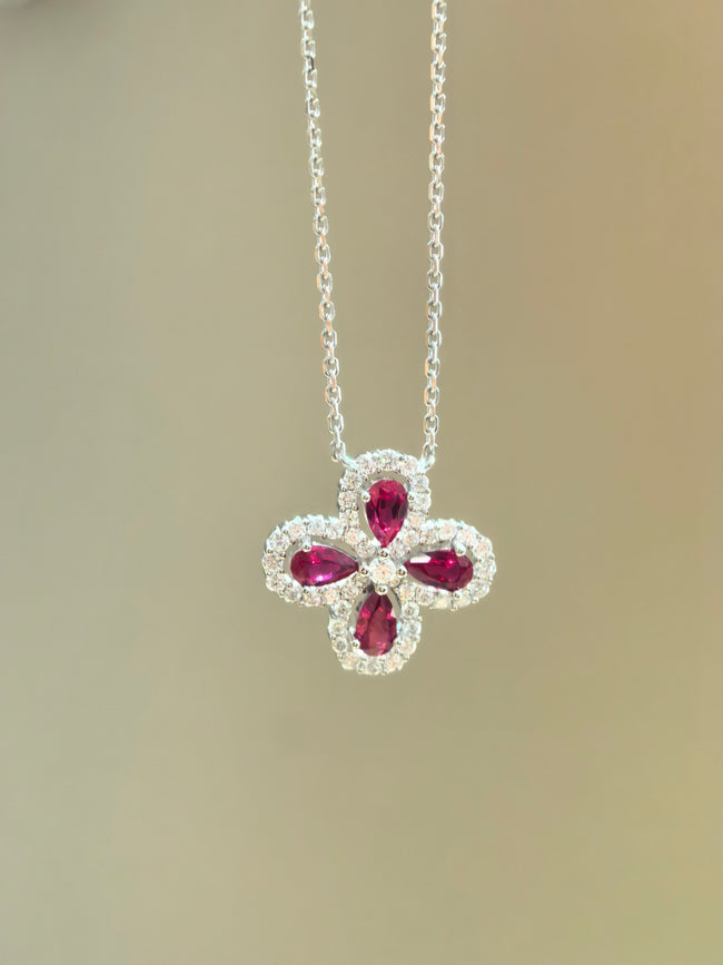 Pear Rose Pink Lab Created Gemstone Petite Diamond Edge Clover Pendant Necklace Main Image