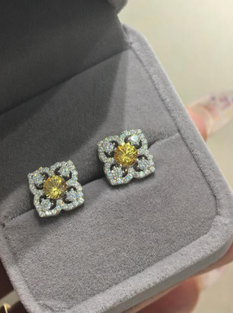 Halo Stud Red Lab Created Gemstone Four-Leaf Clover Moissanite Earrings Round Cut Main Image