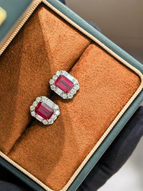 Emerald Cut Earrings - Pigeon Blood Red
