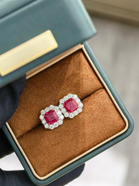Asscher Cut Earrings - Pigeon Blood Red