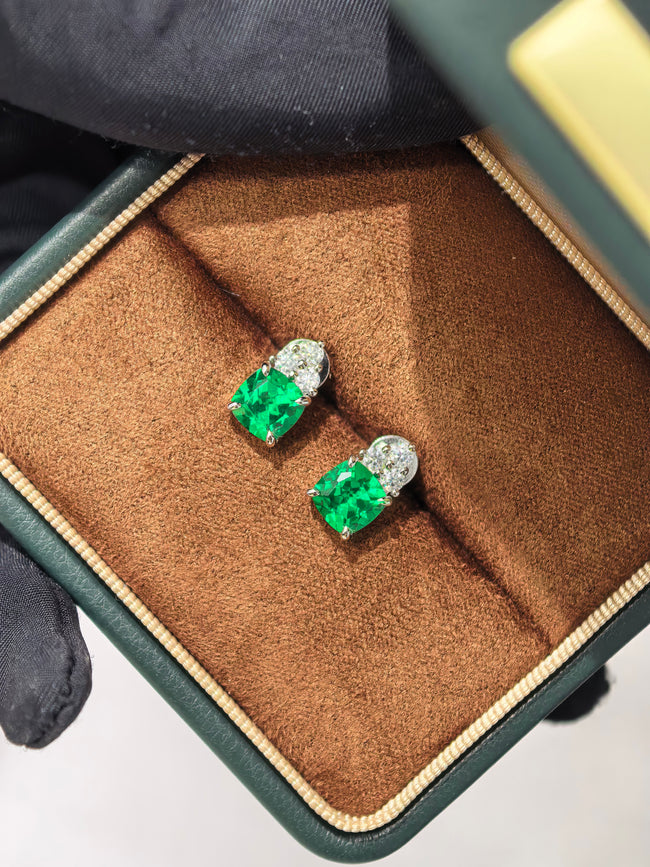Stud Green Lab Created Gemstone Cushion Solitaire Moissanite Earrings Octagon Cut ECB0041 Main Image