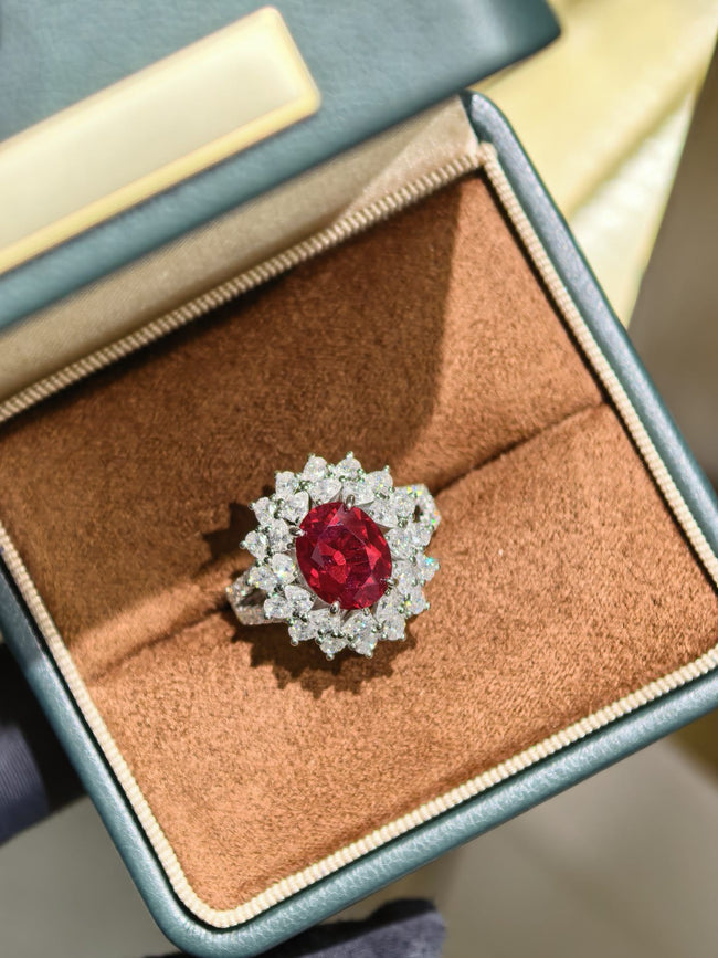 Halo Red Lab Created Gemstone Droplet Teardrop Moissanite Ring Oval Cut 8*10 Main Image