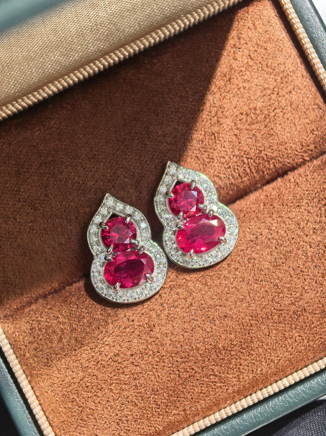 Halo Stud Red Lab Created Gemstone Luxe Heirloom Moissanite Earrings Oval Cut 5*7 Main Image