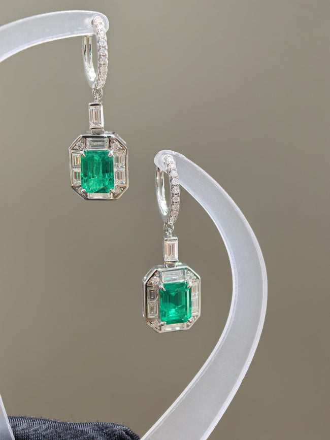 Artdeco Stud Green Lab Created Gemstone Halo Emerald Cut Drop Earrings Main Image