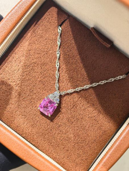 Cushion Solitaire Pendant Necklace - Pink Sapphire