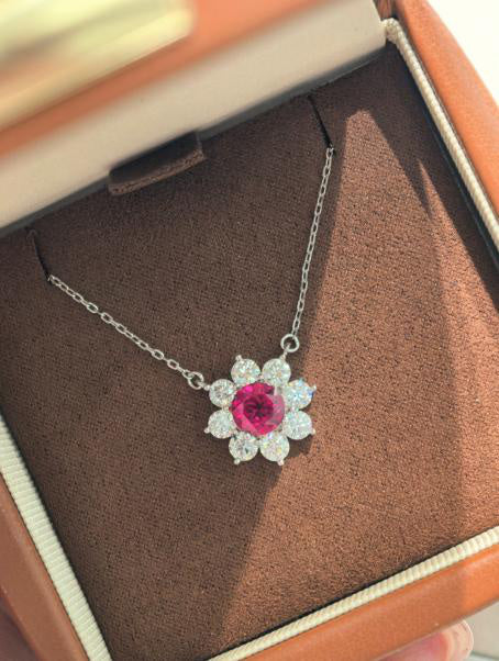 Sunflower Pendant Necklace - Pigeon Blood Red