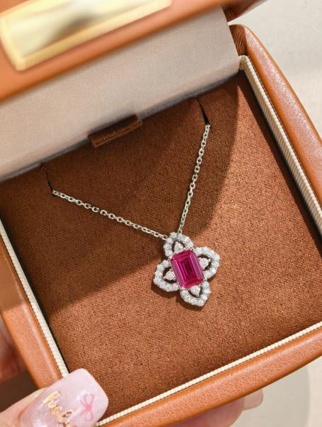 Blue Lab Created Gemstone Four-Leaf Clover Moissanite Pendant Necklace Octagon Cut 6*8 Main Image