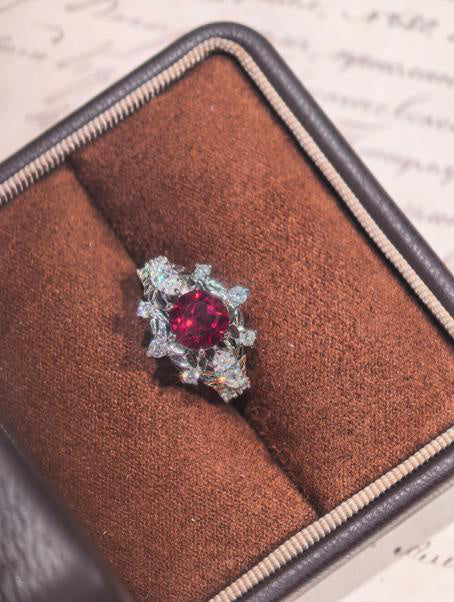 Starburst Halo Round Blue Lab Created Gemstone Blossom Cluster Moissanite Ring Main Image