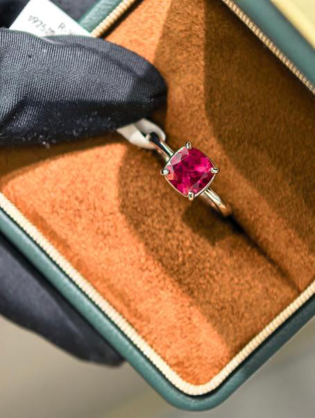 Cushion Solitaire Ring - Pigeon Blood Red